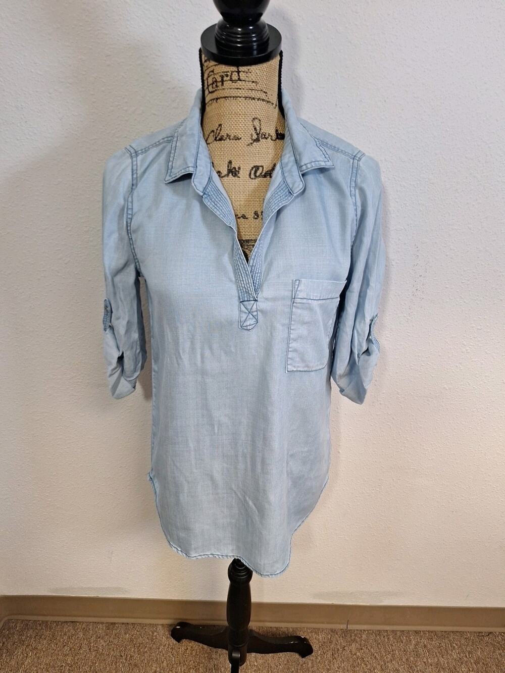Skies Are Blue Chambray Popover Shirt Top Lightweight Lyocell Blue Size S